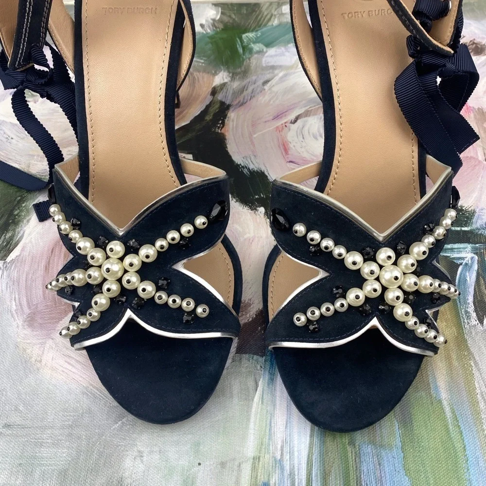 Tory Burch Sea Star Starfish Beaded Pearl Ribbon Tie Strappy Heels Size 10.